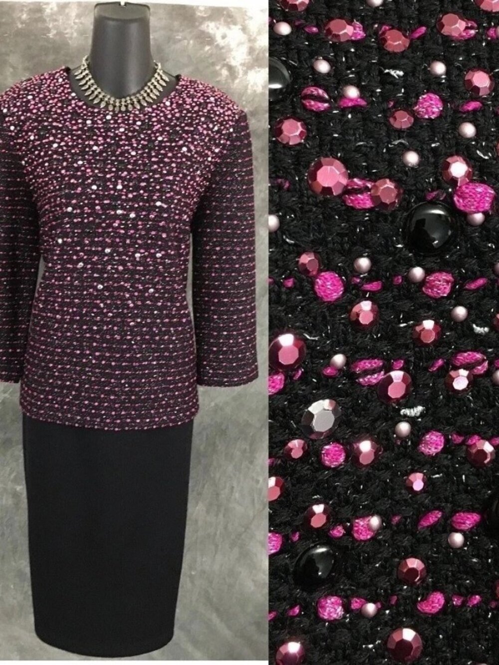 BEAUTIFUL St John knit black pink multi beaded embellished top skirt suit 10